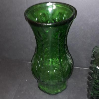 FTD Emerald Green glass vase, Italian green diamond cut decanter, and two small stained glass sun catchers