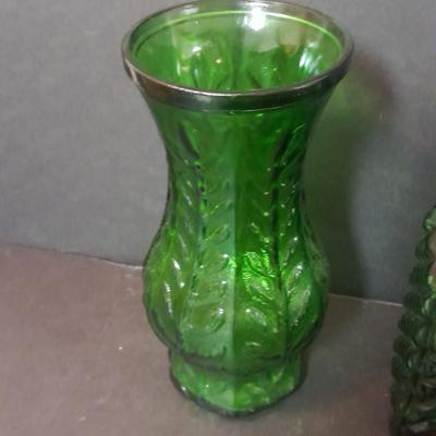 FTD Emerald Green glass vase, Italian green diamond cut decanter, and two small stained glass sun catchers