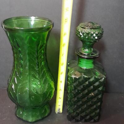 FTD Emerald Green glass vase, Italian green diamond cut decanter, and two small stained glass sun catchers