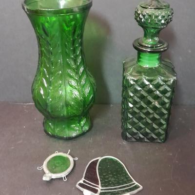 FTD Emerald Green glass vase, Italian green diamond cut decanter, and two small stained glass sun catchers