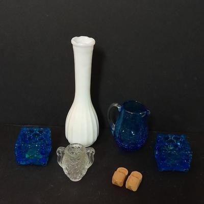 Pair of vintage blue glass tea candle votives, Blue crackle glass small pitcher and other glassware