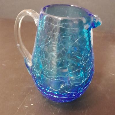 Pair of vintage blue glass tea candle votives, Blue crackle glass small pitcher and other glassware