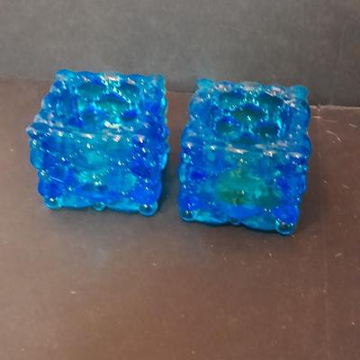 Pair of vintage blue glass tea candle votives, Blue crackle glass small pitcher and other glassware