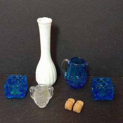 Pair of vintage blue glass tea candle votives, Blue crackle glass small pitcher and other glassware