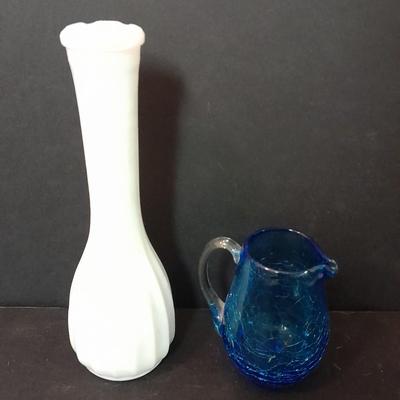 Pair of vintage blue glass tea candle votives, Blue crackle glass small pitcher and other glassware