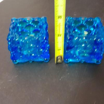 Pair of vintage blue glass tea candle votives, Blue crackle glass small pitcher and other glassware