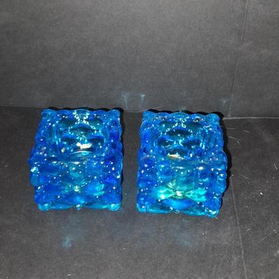 Pair of vintage blue glass tea candle votives, Blue crackle glass small pitcher and other glassware