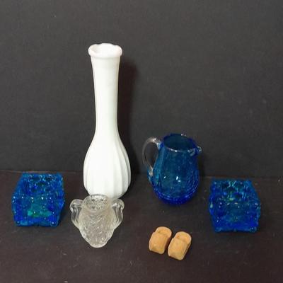 Pair of vintage blue glass tea candle votives, Blue crackle glass small pitcher and other glassware