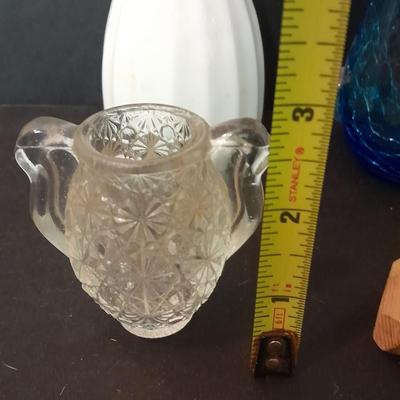 Pair of vintage blue glass tea candle votives, Blue crackle glass small pitcher and other glassware