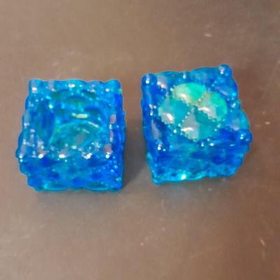 Pair of vintage blue glass tea candle votives, Blue crackle glass small pitcher and other glassware