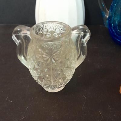 Pair of vintage blue glass tea candle votives, Blue crackle glass small pitcher and other glassware