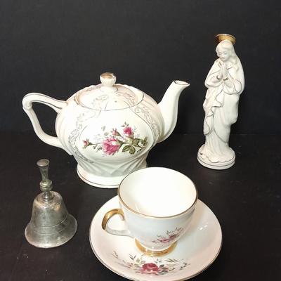 Lefton porcelain Angel, Teapot, Cup and saucer, and a silver-colored bell