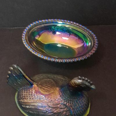 Indiana Glass Co. Blue Carnival Glass Hen on Nest
