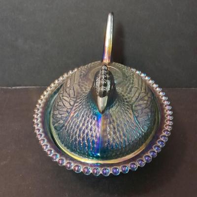 Indiana Glass Co. Blue Carnival Glass Hen on Nest