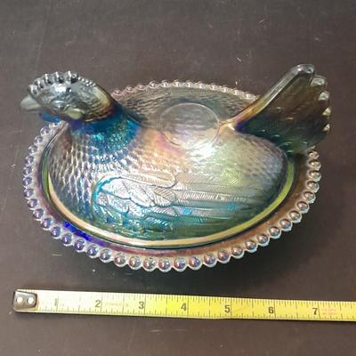 Indiana Glass Co. Blue Carnival Glass Hen on Nest