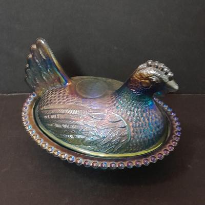 Indiana Glass Co. Blue Carnival Glass Hen on Nest