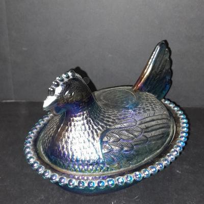 Indiana Glass Co. Blue Carnival Glass Hen on Nest