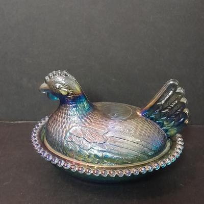 Indiana Glass Co. Blue Carnival Glass Hen on Nest