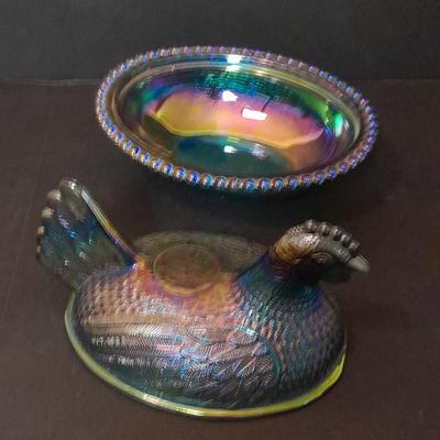 Indiana Glass Co. Blue Carnival Glass Hen on Nest