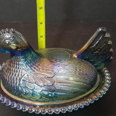 Indiana Glass Co. Blue Carnival Glass Hen on Nest