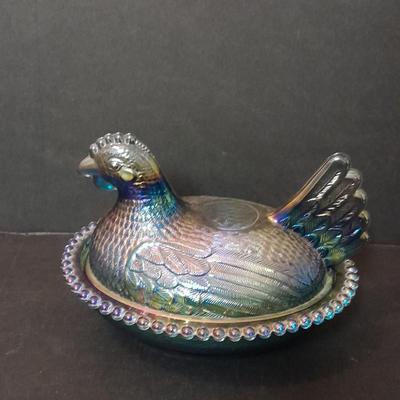Indiana Glass Co. Blue Carnival Glass Hen on Nest