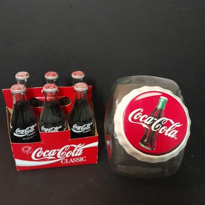 1996 Coca-Cola Classic full 6 pack bottles, and Coca-Cola lidded candy canister