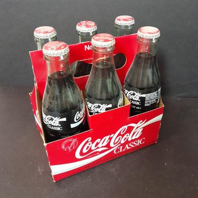 1996 Coca-Cola Classic full 6 pack bottles, and Coca-Cola lidded candy canister