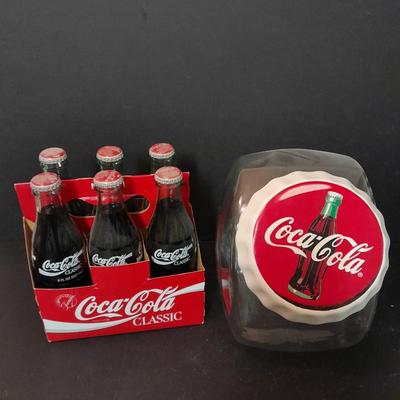 1996 Coca-Cola Classic full 6 pack bottles, and Coca-Cola lidded candy canister