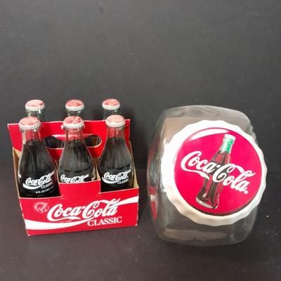 1996 Coca-Cola Classic full 6 pack bottles, and Coca-Cola lidded candy canister