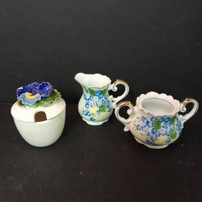 Vintage Lefton China cream pitcher, Sugar container, metal butter dish, vintage salt & pepper shakers and more