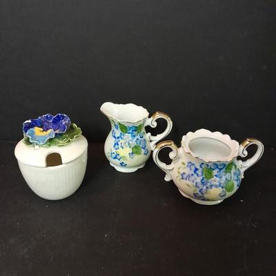Vintage Lefton China cream pitcher, Sugar container, metal butter dish, vintage salt & pepper shakers and more