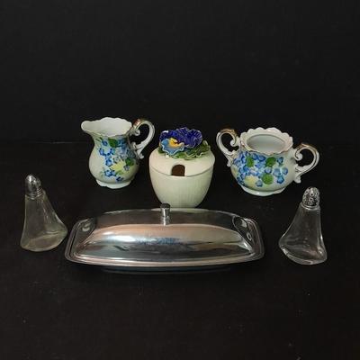 Vintage Lefton China cream pitcher, Sugar container, metal butter dish, vintage salt & pepper shakers and more