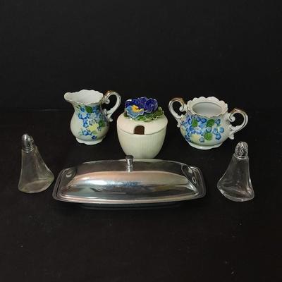 Vintage Lefton China cream pitcher, Sugar container, metal butter dish, vintage salt & pepper shakers and more