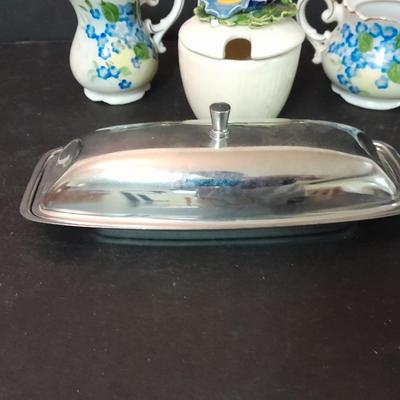 Vintage Lefton China cream pitcher, Sugar container, metal butter dish, vintage salt & pepper shakers and more