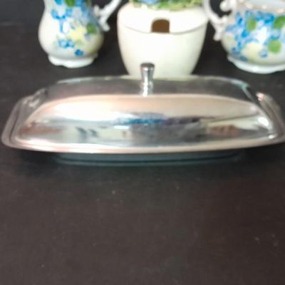 Vintage Lefton China cream pitcher, Sugar container, metal butter dish, vintage salt & pepper shakers and more