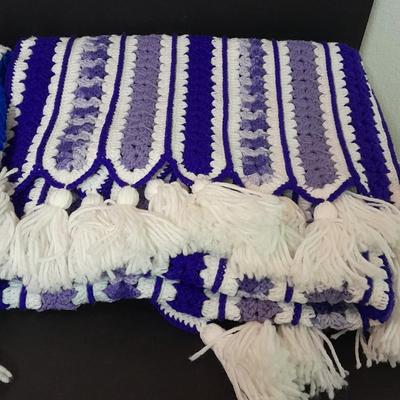 Two Crocheted Afghan throw blankets one purple, one blue