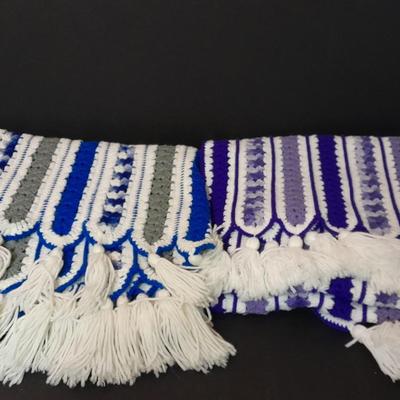 Two Crocheted Afghan throw blankets one purple, one blue