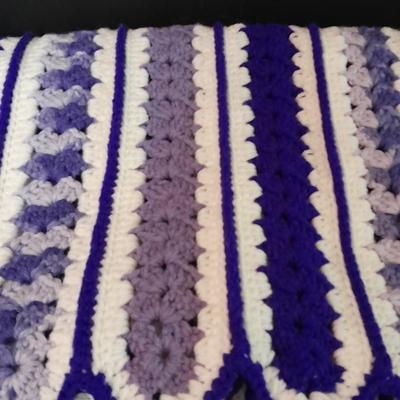 Two Crocheted Afghan throw blankets one purple, one blue
