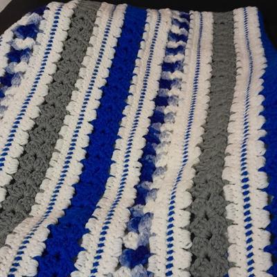 Two Crocheted Afghan throw blankets one purple, one blue
