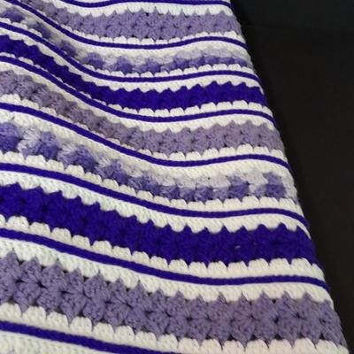 Two Crocheted Afghan throw blankets one purple, one blue
