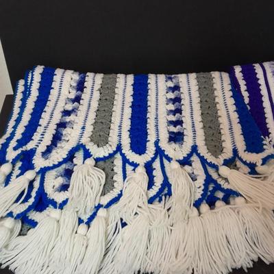 Two Crocheted Afghan throw blankets one purple, one blue