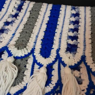 Two Crocheted Afghan throw blankets one purple, one blue