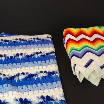 Blue Crocheted Afghan lap blanket and Rainbow crocheted Afghan lap blanket