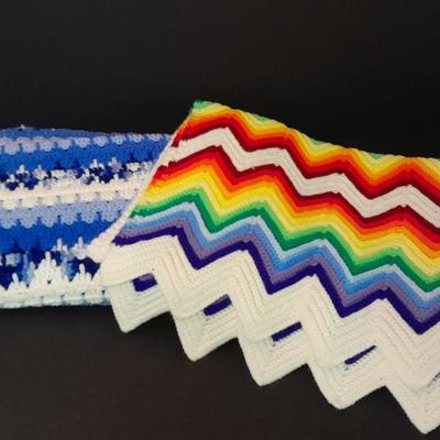 Blue Crocheted Afghan lap blanket and Rainbow crocheted Afghan lap blanket