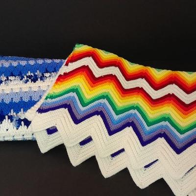 Blue Crocheted Afghan lap blanket and Rainbow crocheted Afghan lap blanket