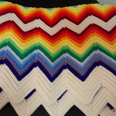 Blue Crocheted Afghan lap blanket and Rainbow crocheted Afghan lap blanket
