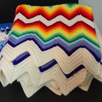 Blue Crocheted Afghan lap blanket and Rainbow crocheted Afghan lap blanket