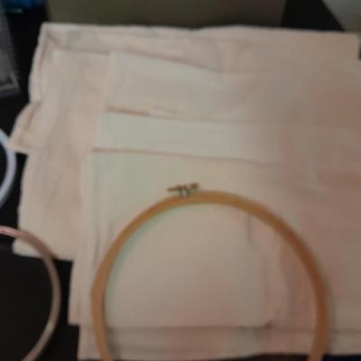 Embroidery hoops, thread, Yarn with needles, and other crafty supplies