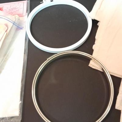 Embroidery hoops, thread, Yarn with needles, and other crafty supplies