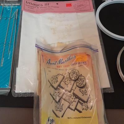 Embroidery hoops, thread, Yarn with needles, and other crafty supplies